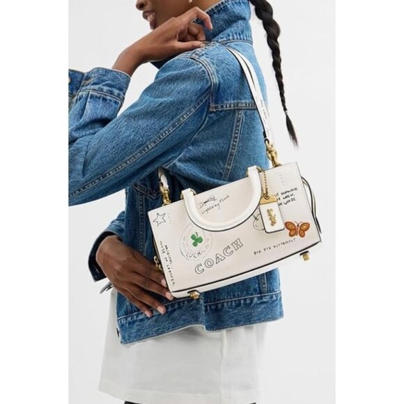 NEW!! Coach Rogue 25 Tote Bag With Dinosaur & Lucky Drawings In Chalk White Leat - Picture 10 of 11